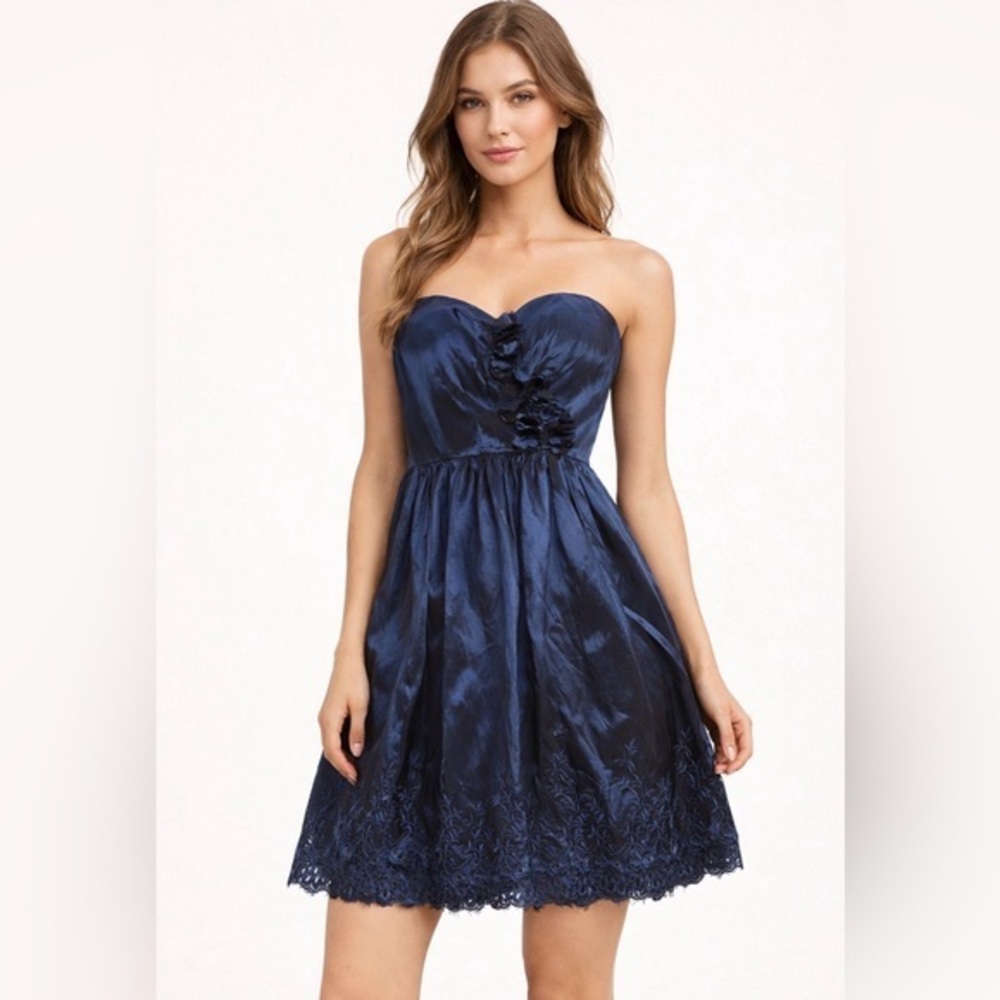 Hailey Logan by Adrianna Papell Strapless Navy Dress with Floral Accents